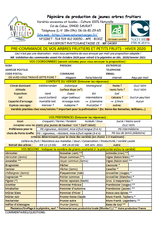 Fiche Pré-Commande Hiver 2020